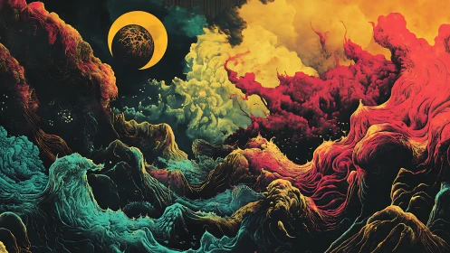 Surreal cosmic seascape under fractured eclipse moon.