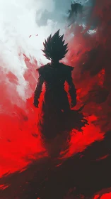 Backlit spiky warrior in bifurcated red-white energy field.