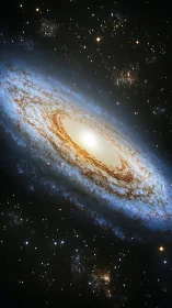 Edge-on spiral galaxy with luminous bulge and dust filaments.