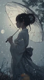Silhouetted woman holds parasol under moonlit falling snow