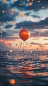 Solitary coral balloon skips skyward through liquid sunset