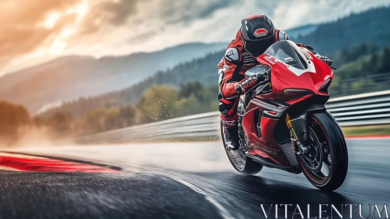 Red superbike slicing through rain on a misty mountain track.