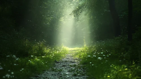 Sunlit Forest Path with Wildflowers in Dreamy Morning Light.