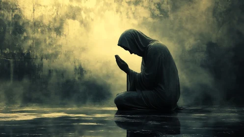 Quiet hooded figure in mist, cradling a private prayer.
