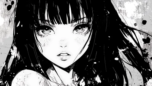 Intense monochrome anime girl portrait with ink textures.