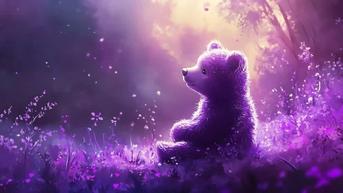 Softly glowing bear listens to twilight whisper in violet woods
