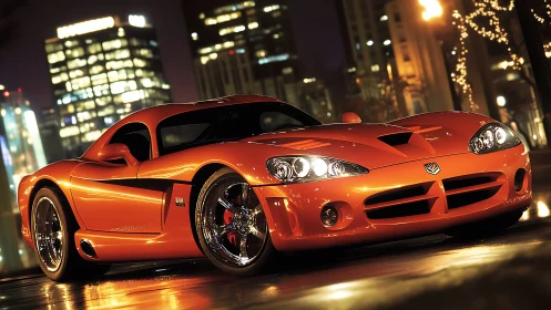 Midnight orange supercar prowls through neon city streets.