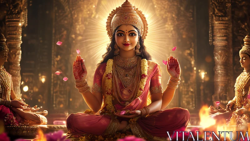 Divine goddess portrait in radiant temple interior glow.