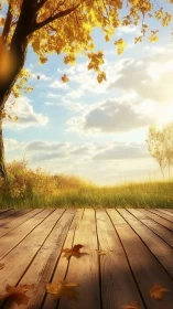 Golden autumn deck under soft evening sunlight glow.