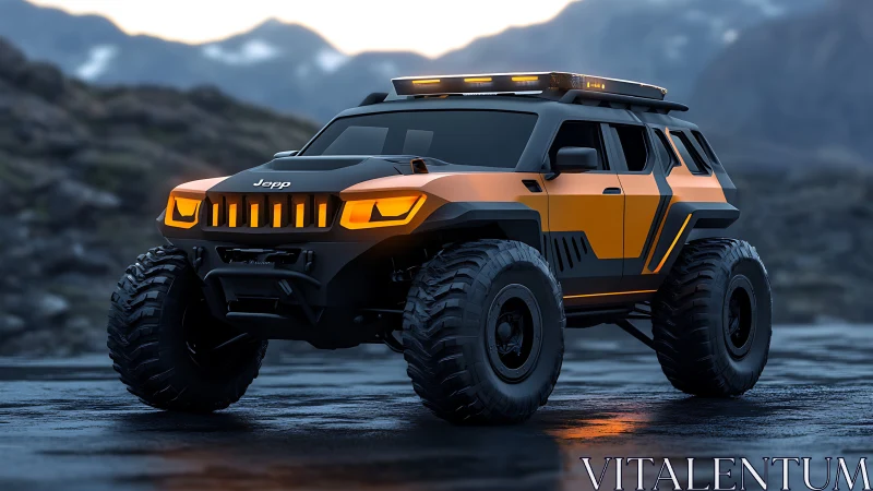 Sunset-ready off-road SUV glowing on misty mountain pass.