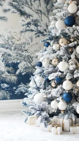 Snow-dusted Christmas tree with blue and white ornaments.