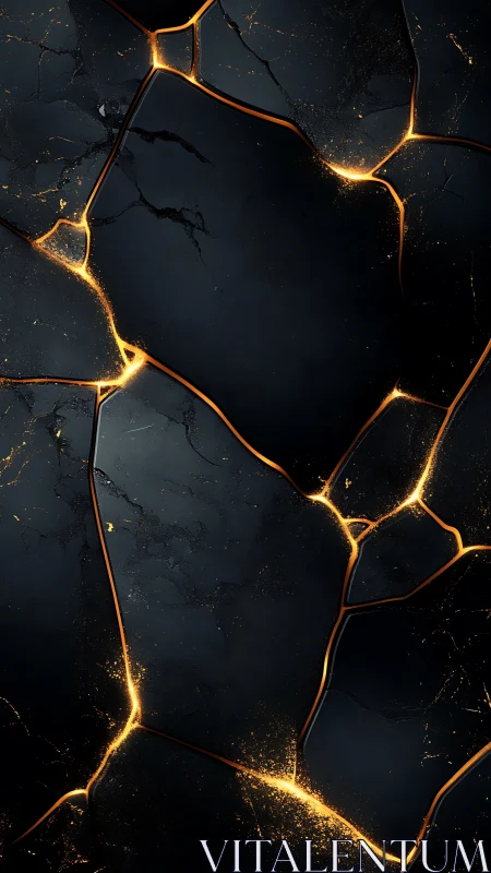 Digital painting of molten fractures on dark obsidian slab surface.