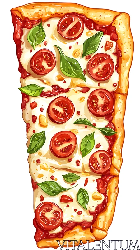 Illustrated slice of tomato basil cheese pizza artwork.
