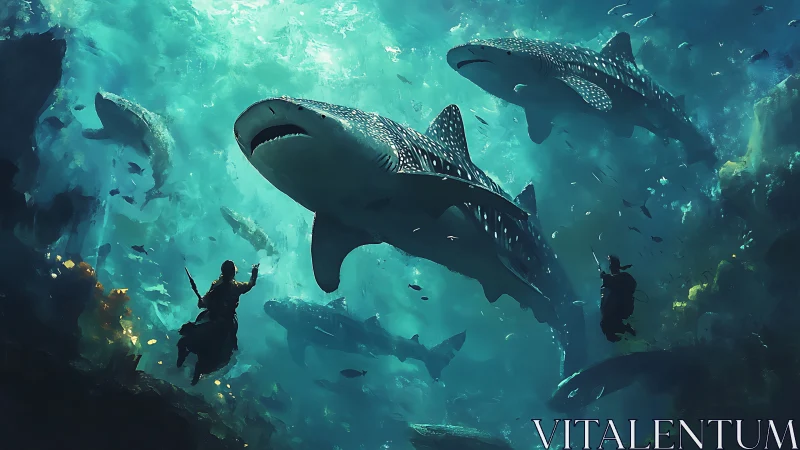 Divers drift beneath colossal whale sharks in teal abyss