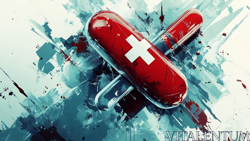 Red medical capsule shatters through icy abstract background