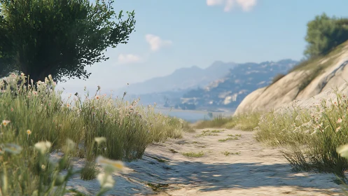 Winding Path Through Wildflowers and Mountains