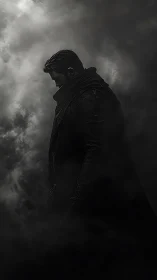 Solitary male silhouette emerges from shadowed storm clouds