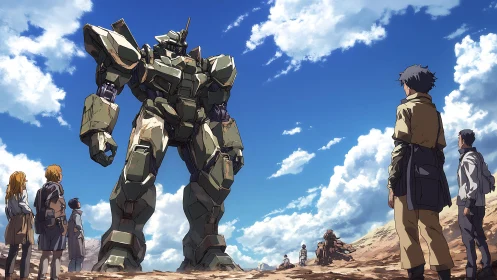 Colossal desert mecha towers above tense human onlookers