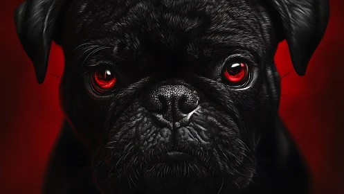 Digital painting portrait of black pug with crimson eyes.