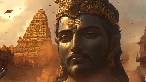Majestic deity portrait before ancient temple complex panorama.