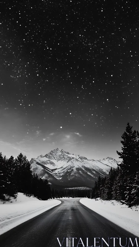 Snow-covered mountain road extends beneath dense star field