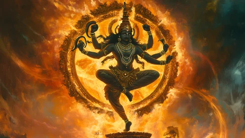 Cosmic Shiva Nataraja dances within radiant fire halo.