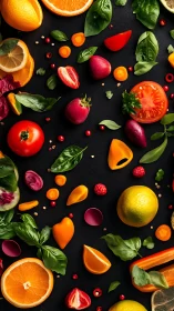 Vibrant mixed produce array forms dynamic diagonal food composition