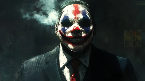 Sinister clown mask on suited figure in smoke-filled scene.