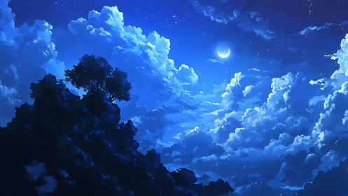 Moonlit cumulus sea surrounds lone silhouetted cliff trees.