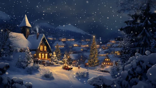 Snowy alpine village glows under festive winter night sky
