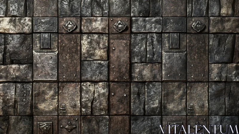 Weathered metal panel grid with riveted medieval texture.