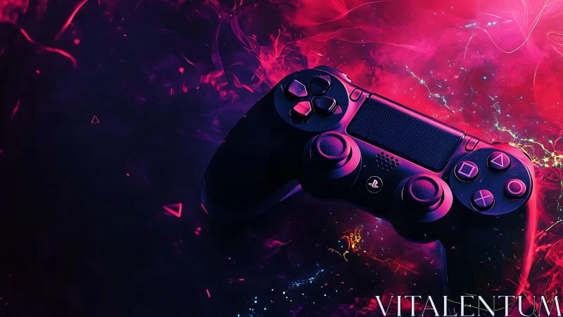 Glowing game controller floating in vivid neon color clouds.