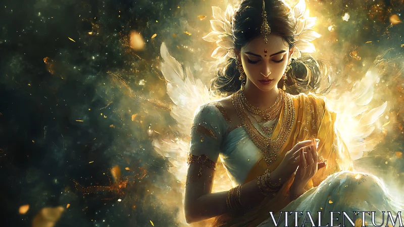 Serene winged woman in gold sari amid glowing particles.