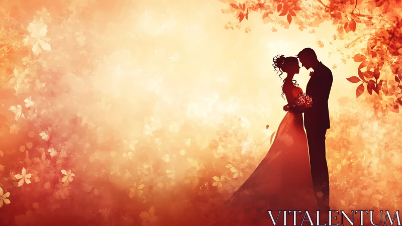 Romantic couple silhouette embracing in warm autumn glow.