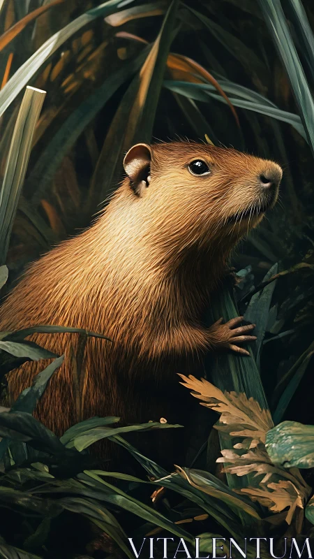 Curious capybara scout peeks through lush jungle thicket.