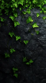 Green vine foliage extends across dark textured stone surface