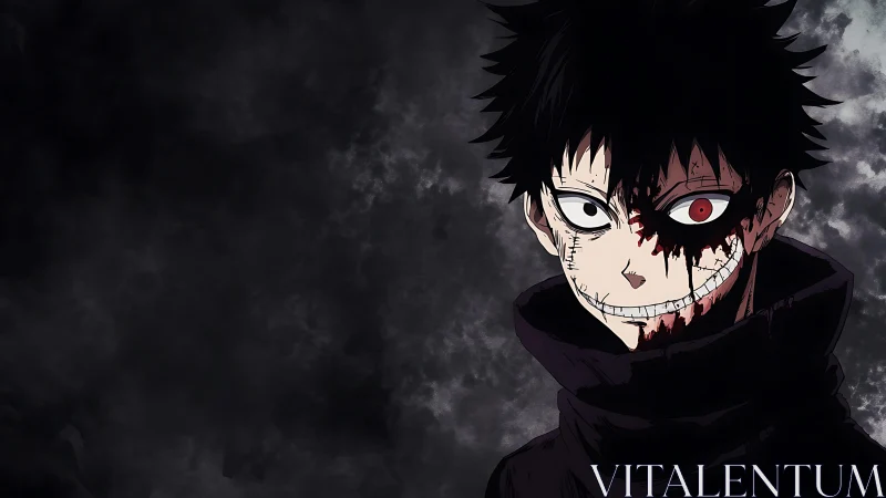 Dark-clad anime figure stands against diffuse cloudy backdrop