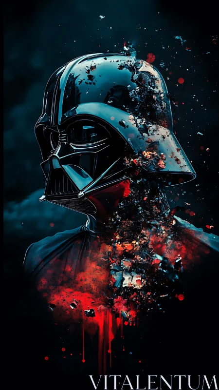 Dark armored helmet in explosive red digital portrait.