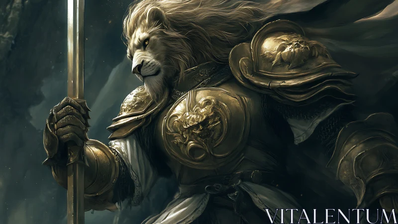 Lion-headed warrior in ornate golden armor holding spear.