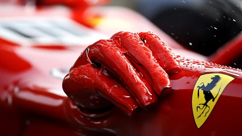 Raindrops on red racing glove beside bold prancing emblem.