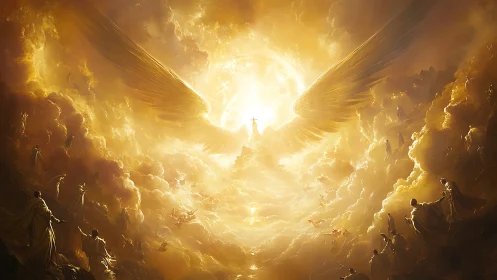 Radiant angelic host encircles blazing celestial light.