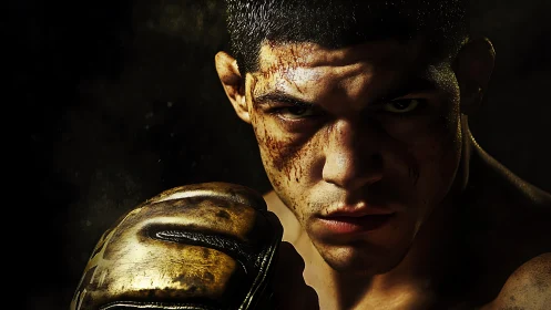 Determined Fighter. Dramatic Portrait of Boxer with Bloodied Face.