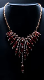 Photorealistic ruby fan necklace on black bust display stand.