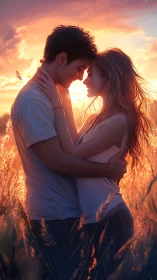 Digitally Rendered Couple in Golden Hour Field Setting with Atmospheric Backlighting