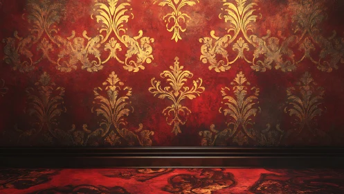 Luxurious red damask wallpaper fills ornate classical interior