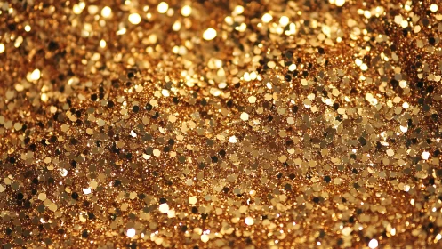 Golden glitter particles fill frame with dense reflective texture