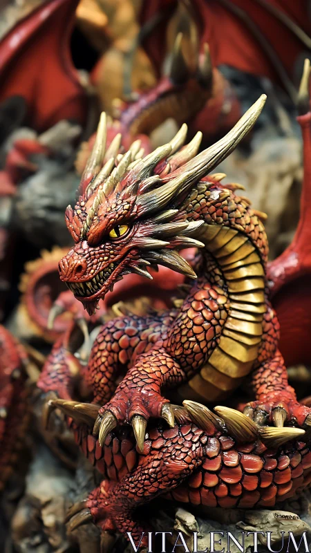 Crimson crown dragon coils in ember-lit hoard of stone and gold.