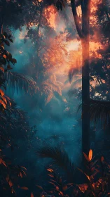 Mystic Forest Canopy Illuminated by Dramatic Warm Light Through Dense Tropical Foliage