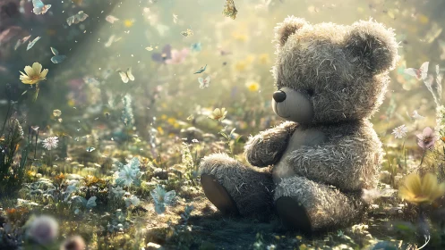 Soft teddy bear rests in a dreamy meadow of light and butterflies