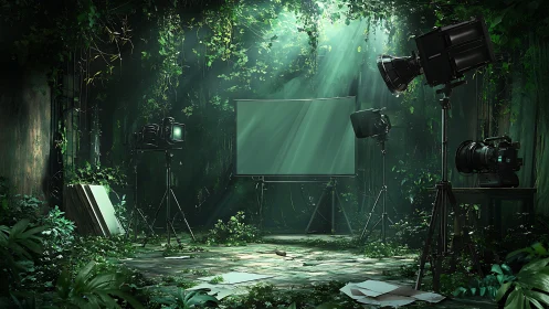 Film equipment stands in overgrown jungle studio set